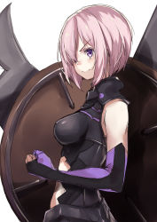 Rule 34 | 1girl, absurdres, armor, breasts, elbow gloves, fate/grand order, fate (series), gloves, hachiroku (hatirokusann86), hair over one eye, highres, mash kyrielight, purple eyes, purple hair, shield, short hair, simple background, smile, solo, white background