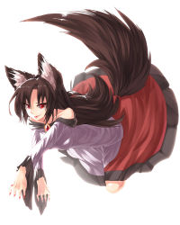 Rule 34 | 1girl, animal ears, brooch, brown hair, dress, fang, fingernails, highres, ibuki notsu, imaizumi kagerou, jewelry, long hair, long sleeves, red eyes, simple background, smile, solo, tail, touhou, white background, wide sleeves, wolf ears, wolf tail