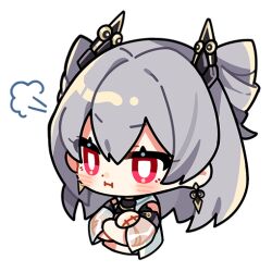 Rule 34 | 1girl, :i, bare shoulders, chibi, closed mouth, commentary, crossed arms, drill hair, earrings, english commentary, grey hair, hair between eyes, honkai (series), honkai impact 3rd, jewelry, official art, prometheus (honkai impact), red eyes, solo, transparent background, twin drills, upper body, v-shaped eyebrows