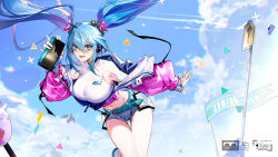 Rule 34 | 1girl, \||/, aqua belt, armpit cutout, arrow (symbol), bag, belt buckle, blue eyes, blue gloves, blue hair, breasts, buckle, clothing cutout, commentary, denim, denim shorts, eyelashes, fingerless gloves, gloves, greeny (maindo), hair between eyes, hatsune miku, headphones, highres, holding, holding bag, jacket, large breasts, long hair, long sleeves, looking at viewer, navel, number tattoo, open clothes, open jacket, parted lips, pink jacket, puffy long sleeves, puffy sleeves, road sign, short shorts, shorts, sign, solo, tattoo, thighs, two side up, vocaloid, zipper pull tab