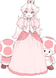 Rule 34 | 1girl, 2boys, crown, dress, earrings, elbow gloves, full body, gloves, jewelry, long dress, long hair, looking at viewer, mario (series), monochrome, multiple boys, nintendo, open mouth, own hands together, pearl earrings, pink theme, ponsuke (pon00000), princess peach, puffy short sleeves, puffy sleeves, short sleeves, simple background, super mario bros. 1, toad (mario)