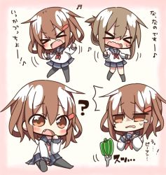 Rule 34 | &gt; &lt;, 10s, 2girls, :d, > <, ?, ^^^, anchor symbol, bell pepper, black skirt, black socks, brown eyes, brown hair, closed eyes, comic, commentary request, fang, female focus, folded ponytail, hair ornament, hairclip, ikazuchi (kancolle), inazuma (kancolle), jako (jakoo21), kantai collection, kneehighs, long hair, long sleeves, multiple girls, musical note, neckerchief, open mouth, pantyhose, pepper, ponytail, quaver, school uniform, serafuku, short hair, skirt, smile, socks, tears, translation request, uniform, wavy mouth, white background, xd