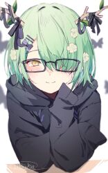 Rule 34 | 1girl, alternate costume, antlers, blush, bow, bug, butterfly, ceres fauna, closed mouth, deiji bijutsu, flower, glasses, hair bow, hair flower, hair ornament, hairclip, hand on own cheek, hand on own face, highres, hololive, hololive english, hood, hood down, hoodie, horns, insect, ribbon, short hair, sleeves past fingers, sleeves past wrists, smile, solo, tagme, virtual youtuber, yellow eyes