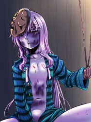 Rule 34 | 1girl, abuse, bite mark, blood, blood on face, bound, bruise, expressionless, flat chest, hata no kokoro, injury, kuon yashiro, long hair, mask, navel, open clothes, open shirt, pink eyes, pink hair, plaid, plaid shirt, restrained, shirt, solo, tied up, touhou