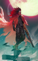 Rule 34 | 1boy, black hair, cape, clawed gauntlets, cloak, cross, fahmi fauzi, final fantasy, final fantasy vii, gloves, gun, headband, covered mouth, highres, long hair, moon, pale skin, pointed footwear, red cloak, red eyes, red headband, rifle, torn clothes, vincent valentine, weapon