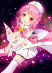 Rule 34 | 1girl, :d, amashiro natsuki, aura, bad id, bad pixiv id, cape, gradient background, hat, houkago no pleiades, leaning back, looking at viewer, magical girl, open mouth, orange eyes, pink hair, short hair, smile, solo, space, subaru (houkago no pleiades), thighhighs, white thighhighs, wrist cuffs