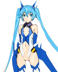 Rule 34 | 1girl, arms behind back, bare shoulders, blue eyes, blue gloves, blue hair, bodysuit, bottomless, elbow gloves, female focus, flat chest, gloves, hair between eyes, headgear, long hair, looking at viewer, matching hair/eyes, navel, ore twintail ni narimasu, orion (orionproject), simple background, sketch, smile, solo, tailblue, thighhighs, tsube aika, twintails, very long hair