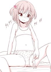 Rule 34 | 1boy, 1girl, arm up, bad id, bad twitter id, blush, bra, flat chest, fuyuno mikan, hair bobbles, hair ornament, hetero, highres, holding hands, mini person, miniboy, monochrome, navel, nude, original, panties, short hair, short twintails, sitting, smile, spread legs, training bra, twintails, two side up, underwear