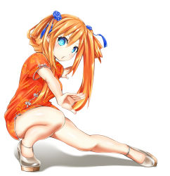 Rule 34 | 1girl, alternate costume, bare legs, blue eyes, blush, breasts, china dress, chinese clothes, dress, fighting stance, floral print, full body, hair between eyes, high heels, highres, kurozero, legs, looking at viewer, medium breasts, neptune (series), open mouth, orange dress, orange hair, orange heart (neptunia), power symbol, power symbol-shaped pupils, serious, shin jigen game neptune vii, simple background, solo, squatting, symbol-shaped pupils, thighs, twintails, white background