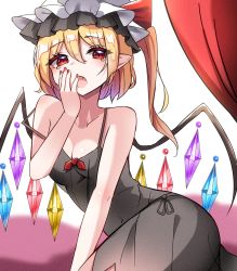 Rule 34 | 1girl, alternate costume, bare shoulders, black nightgown, breasts, collarbone, crystal, fang, flandre scarlet, hair between eyes, hat, highres, kiui (dagk8254), looking at viewer, medium hair, mob cap, multicolored wings, nail polish, nightgown, open mouth, red curtains, red eyes, red nails, side ponytail, small breasts, solo, touhou, white hat, wings, yawning
