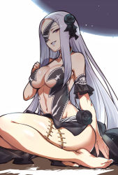 Rule 34 | 1girl, akinaie, bare shoulders, barefoot, breasts, cleavage, elbow gloves, eyepatch, gloves, groin, hair ornament, long hair, looking at viewer, medium breasts, megido72, navel, silver hair, solo, stitches, thighs, toes, very long hair