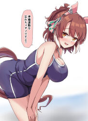 1girl absurdres alternate_costume animal_ears blush breasts brown_eyes brown_hair cleavage collarbone commentary_request dantsu_flame_(umamusume) gryebooks hair_ornament hanging_breasts highres horse_ears horse_girl horse_tail large_breasts looking_at_viewer medium_breasts school_swimsuit simple_background solo swimsuit tail tracen_swimsuit umamusume white_background