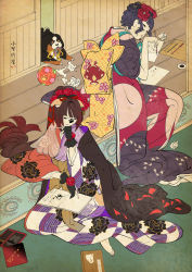 Rule 34 | 2girls, animal, back, ball, barefoot, black gloves, blue hair, brown hair, calligraphy brush, dog, fate/grand order, fate (series), flower, gloves, hair flower, hair ornament, highres, ink on face, inkstone, japanese clothes, katsushika hokusai (fate), kimono, kyokutei bakin (fate), kyokutei bakin (second ascension) (fate), long hair, multiple girls, nail polish, ono tako, paintbrush, red nails, sash, sitting, toenail polish, toenails, torn paper, very long hair, yokozuwari