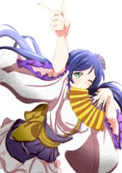 Rule 34 | 10s, 1girl, arm up, blush, bow, clearite, hand fan, folding fan, frills, green eyes, highres, japanese clothes, long hair, looking at viewer, love live!, love live! school idol festival, love live! school idol project, one eye closed, pointing, purple hair, smile, solo, tojo nozomi, twintails, wide sleeves, wink