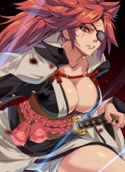 Rule 34 | 1girl, angry, baiken, blood, breasts, cleavage, clenched teeth, collarbone, ekubo oekaki, facial mark, forehead mark, guilty gear, guilty gear strive, highres, japanese clothes, katana, kimono, large breasts, looking at viewer, open clothes, open kimono, red eyes, red hair, scar, scar across eye, scar on face, sheath, sheathed, solo, sword, teeth, weapon