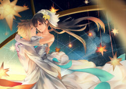 Rule 34 | 1boy, 1girl, bare shoulders, black hair, black skirt, blonde hair, blue eyes, bridal gauntlets, bridal gloves, bridal veil, cloud strife, collarbone, couple, dress, elbow gloves, final fantasy, final fantasy vii, flower, formal, gloves, hair flower, hair ornament, hetero, hug, husband and wife, kudou asami, long hair, looking at another, parted lips, red eyes, skirt, sky, sleeveless, sleeveless dress, smile, smirk, spiked hair, square enix, star (sky), star (symbol), starry background, starry sky, suit, teeth, tifa lockhart, veil, wedding dress, white dress, white suit, yellow flower