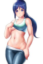 Rule 34 | 10s, 1girl, blue hair, breasts, clothes lift, clothes pull, cowboy shot, finalcake, groin, highres, long hair, looking at viewer, love live!, love live! school idol festival, love live! sunshine!!, matsuura kanan, medium breasts, midriff, navel, pants, pants pull, parted lips, ponytail, purple eyes, simple background, solo, sports bra, sports bra lift, standing, stomach, sweat, underboob, white background, yoga pants