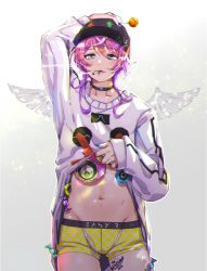 Rule 34 | 1boy, amemura ramuda, baseball cap, blue eyes, blue nails, boxer briefs, candy, choker, chromatic aberration, clothes lift, food, food in mouth, grey background, groin, hat, hypnosis mic, lollipop, long shirt, male focus, male underwear, nail polish, navel, polka dot, polka dot boxer briefs, polka dot underwear, print male underwear, shirt lift, solo, tattoo, underwear, vandy, wings, yoruhachi, aged down