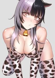 Rule 34 | 1girl, :/, all fours, animal ears, animal print, bare shoulders, bell, between breasts, bikini, black collar, black hair, blunt bangs, breasts, cipher4109, cleavage, closed mouth, collar, cow ears, cow print, cow print bikini, cowbell, grey background, highres, hololive, hololive english, large breasts, looking at viewer, multicolored hair, neck bell, print bikini, print thighhighs, shiori novella, simple background, solo, split-color hair, swimsuit, thighhighs, thighs, virtual youtuber, white hair, yellow eyes