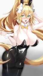 Rule 34 | 1girl, :p, absurdres, animal ears, black leotard, black pantyhose, blonde hair, blush, bow, bowtie, breasts, cleavage, detached collar, fake animal ears, fang, goddess of victory: nikke, green eyes, hair ornament, hand on own head, highleg, highleg leotard, highres, large breasts, leotard, long hair, minjiharu, open mouth, pantyhose, playboy bunny, ponytail, rabbit ears, rupee (nikke), rupee (rabbit deluxe) (nikke), skin fang, solo, strapless, strapless leotard, tongue, tongue out, wrist cuffs, yellow bow, yellow bowtie