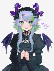 Rule 34 | !, 1girl, apricot the lich, commentary, commission, cross, cross earrings, demon girl, demon horns, demon wings, earrings, english commentary, gothic lolita, green eyes, green hair, highres, horns, jewelry, lich, lolita fashion, looking at viewer, nima (nimamann), open mouth, pointy ears, second-party source, simple background, skeb commission, solo, tongue, virtual youtuber, vshojo, white background, wings
