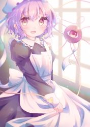 Rule 34 | 1girl, alternate costume, apron, apron hold, black dress, blurry, blurry background, blush, commentary request, cowboy shot, dress, enmaided, hat, heart, heart-shaped pupils, highres, indoors, juliet sleeves, komeiji satori, light particles, long sleeves, looking at viewer, maid, maid apron, mob cap, open mouth, puffy sleeves, purple eyes, purple hair, short hair, sleeve cuffs, solo, standing, suzukkyu, symbol-shaped pupils, third eye, touhou, victorian maid, window