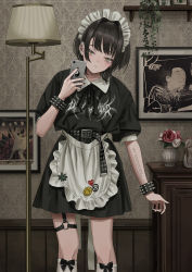 Rule 34 | 1girl, apron, belt, black hair, bracelet, cellphone, closed mouth, commentary, constricted pupils, cowboy shot, drawer, ear piercing, eyebrows hidden by hair, flower, gishiki (gshk), green eyes, hair intakes, highres, holding, holding poke ball, indoors, jewelry, kneehighs, knees, lamp, legs, light blush, maid apron, maid headdress, medium hair, o-ring, o-ring thigh strap, original, painting (object), phone, piercing, poke ball, red flower, smartphone, smiley face, socks, solo, spiked bracelet, spikes, standing, statuette, tattoo, thigh strap, vase, waist apron, white socks, yin yang, yin yang print