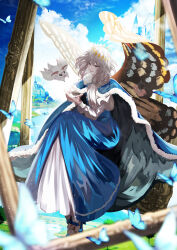 Rule 34 | 1boy, absurdres, antinese, arthropod boy, blanca (fate), blue butterfly, blue cape, blue eyes, bug, butterfly, butterfly wings, cape, crown, diamond hairband, fate/grand order, fate (series), full body, fur-trimmed cape, fur trim, grey hair, highres, insect, insect wings, long sleeves, male focus, medium hair, moth, oberon (fate), oversized insect, shirt, sitting, smile, wings