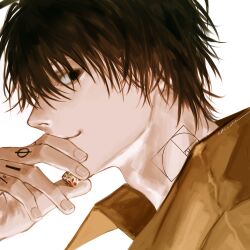 Rule 34 | 1boy, black eyes, black hair, brown shirt, character request, closed mouth, collared shirt, facing to the side, fibonacci sequence, finger tattoo, highres, holding dice, looking at viewer, male focus, messy hair, ndsoda, neck tattoo, sakamoto days, shirt, solo, tattoo, white background