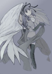Rule 34 | 10s, adapted costume, akemi homura, akuma homura, argyle, argyle clothes, argyle legwear, bad id, bad pixiv id, black gloves, black hair, dress, elbow gloves, feathered wings, fixative, gloves, grey background, greyscale, hair ribbon, highres, long hair, looking at viewer, mahou shoujo madoka magica, mahou shoujo madoka magica: hangyaku no monogatari, monochrome, ribbon, simple background, smile, solo, spoilers, thighhighs, wings, zettai ryouiki