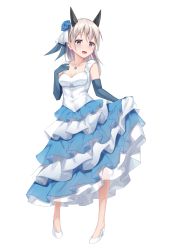 Rule 34 | 1girl, :d, absurdres, alternate costume, animal ears, blue dress, blue flower, blue gloves, blue rose, blush, commission, dress, eila ilmatar juutilainen, elbow gloves, flower, fox ears, full body, gloves, grey eyes, hair flower, hair ornament, high heels, highres, jewelry, layered dress, long dress, long hair, looking at viewer, necklace, open mouth, paid reward available, rose, shimo (shimo332215), silver hair, simple background, skeb commission, skirt hold, smile, solo, strike witches, two-tone dress, white background, white dress, world witches series