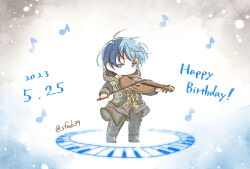 Rule 34 | 1boy, aoyagi touya, blue hair, bow (music), chibi, commentary request, dark blue hair, dated, full body, grey eyes, happy birthday, highres, holding, holding instrument, holding violin, hood, hooded jacket, instrument, jacket, long sleeves, male focus, mole, mole under eye, multicolored hair, musical note, official alternate costume, period of nocturne (project sekai), piano keys, project sekai, sa-fu (sfmk39), solo, twitter username, two-tone hair, violin