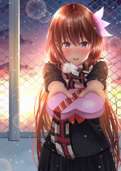 Rule 34 | 1girl, alternate costume, black jacket, black skirt, blazer, blush, breath, brown hair, candy, chain-link fence, chocolate, chocolate heart, cloud, cloudy sky, confession, fence, food, gift, hair between eyes, hair ornament, heart, highres, jacket, kantai collection, kisaragi (kancolle), lips, long hair, long sleeves, looking at viewer, open mouth, outdoors, pink scarf, pleated skirt, purple eyes, red neckwear, ribbon, scarf, school uniform, serafuku, skirt, sky, sunlight, sunset, takamichis211, valentine, winter