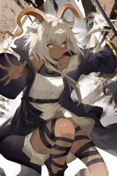 Rule 34 | 1girl, animal ears, arknights, beeswax (arknights), breasts, closed mouth, dark-skinned female, dark skin, dress, floating hair, highres, holding, holding staff, horns, long hair, long sleeves, looking at viewer, meng ziya, outstretched arms, silver hair, sleeveless, sleeveless dress, solo, staff, thighs, white dress, wind, yellow eyes
