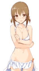 Rule 34 | 1girl, blush, bow, bra, breast hold, breasts, brown eyes, brown hair, clearite, cleavage, collarbone, covering privates, covering breasts, hagiwara yukiho, idolmaster, idolmaster (classic), jewelry, navel, necklace, solo, sweatdrop, tears, totoki airi, underwear, white background, white bra
