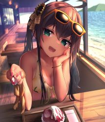 Rule 34 | 1girl, absurdres, ahoge, alternate costume, aqua eyes, beach, bikini, blurry, blurry background, blush, bracelet, breasts, brown hair, cleavage, commentary, day, earrings, eyewear on head, feeding, flower, food, front-tie bikini top, front-tie top, glint, hair between eyes, hair flower, hair ornament, hair ribbon, hand on own cheek, hand on own face, head tilt, highres, holding, holding spoon, hololive, huge filesize, inaba teitoku, incoming food, indoors, jewelry, long hair, looking at viewer, medium breasts, nail polish, natsuiro matsuri, natsuiro matsuri (summer 2020), ocean, open mouth, orange print, pink nails, plaid, plaid ribbon, pov, ribbon, shaved ice, sitting, smile, solo, spoon, sunflower, sunglasses, sunlight, swimsuit, table, teeth, twintails, upper body, upper teeth only, virtual youtuber, wooden table, yellow-framed eyewear, yellow bikini, yellow ribbon