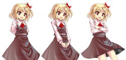 Rule 34 | 1girl, :d, alphes (style), araki (qbthgry), arms behind back, bad id, bad pixiv id, blonde hair, crossed arms, embodiment of scarlet devil, female focus, hair ribbon, multiple views, necktie, open mouth, own hands clasped, own hands together, parody, red eyes, ribbon, rumia, short hair, skirt, smile, style parody, touhou, transparent background, vest
