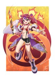Rule 34 | 1girl, adapted costume, bare shoulders, breasts, chaya mago, detached sleeves, duel monster, fiery tail, full body, ha-re the sword mikanko, highres, holding, holding sword, holding weapon, long sleeves, medium breasts, multicolored hair, open mouth, purple hair, red eyes, red hair, signature, solo, sword, tail, twintails, weapon, yu-gi-oh!