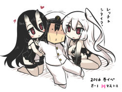 Rule 34 | 10s, 1boy, 2girls, :x, abyssal ship, admiral (kancolle), aircraft carrier princess, arm grab, arm hug, battleship princess, black dress, black hair, breasts, commentary request, dress, gloves, goma (gomasamune), hair between eyes, hat, heart, heart-shaped pupils, horns, kantai collection, long hair, md5 mismatch, military, military hat, military uniform, multiple girls, nightgown, one side up, peaked cap, red eyes, restrained, revision, school uniform, serafuku, short dress, skin-covered horns, skirt, strap slip, symbol-shaped pupils, torn clothes, torn skirt, translated, uniform, white background, white hair
