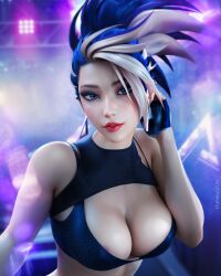 Rule 34 | 1girl, 3d, akali, areola slip, artist name, black bra, black gloves, black hair, blonde hair, blue eyes, bra, breasts, cleavage, earrings, fingerless gloves, gloves, hand up, highres, jewelry, k/da (league of legends), k/da akali, k/da all out akali, league of legends, lights, looking at viewer, medium breasts, multicolored hair, parted lips, ponytail, red lips, solo, streaked hair, two-tone hair, underwear, upper body, zoh