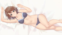 Rule 34 | 1girl, arm up, bad id, bad pixiv id, bare arms, bare legs, black bra, black panties, bra, breasts, brown eyes, brown hair, closed mouth, commentary request, earrings, feet out of frame, from above, hand up, head on pillow, hoop earrings, jewelry, lingerie, looking at viewer, lying, medium breasts, miura-n315, navel, on back, panties, pillow, sakuya (utawarerumono), short hair, smile, solo, stomach, underwear, underwear only, utawarerumono, utawarerumono: itsuwari no kamen