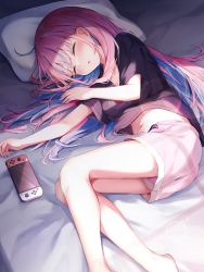 Rule 34 | 1girl, bare legs, bed sheet, black shirt, blue hair, blue nails, blush, breasts, character print, closed eyes, colored inner hair, commentary request, feet out of frame, handheld game console, highres, hololive, long hair, lying, medium breasts, midriff, minato aqua, multicolored hair, nail, nail polish, navel, neko (minato aqua), nintendo, nintendo switch, on bed, on side, parted lips, pillow, pink hair, pink shorts, shirt, shishou (doragyurosu), short shorts, shorts, sleeping, solo, thighs, virtual youtuber
