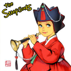 Rule 34 | 1girl, alternate costume, beads, black hat, blue eyes, butterfly ornament, child, colored skin, dress, eyelashes, green ribbon, hanbok, hat, instrument, jobawi, korean clothes, korean traditional hat, lisa simpson, long sleeves, music, musician, nayoung wooh, petite, playing instrument, pointy hat, puffy dress, red dress, ribbon, smile, solo, tassel, the simpsons, traditional clothes, traditional dress, trumpet, western animation, white trim, yellow skin