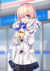 Rule 34 | 1girl, :d, ahoge, animal, animal on shoulder, black pantyhose, black skirt, coat, cowboy shot, fate/grand order, fate (series), food, fou (fate), glasses visible through hair, hair over one eye, highres, holding, holding food, mash kyrielight, mash kyrielight (fgo x lawson), miniskirt, official alternate costume, open mouth, pantyhose, pink hair, pleated skirt, purple eyes, short hair, skirt, smile, solo, standing, wapokichi, white coat