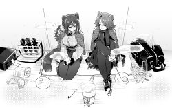 Rule 34 | 2girls, :d, absinthe (arknights), against wall, animal ears, arknights, bag, bag of chips, bear ears, bear girl, blanket, breasts, briefcase, closed eyes, closed mouth, collared shirt, cooking pot, cup, drink, duffel bag, fondue, full body, gloves, greyscale, holding, holding cup, holding drink, iwashi 80, jacket, knees up, knife, long sleeves, looking at another, medium breasts, monochrome, multiple girls, necktie, open mouth, pantyhose, plate, raccoon ears, raccoon tail, robin (arknights), shirt, shoes, short hair, shorts, sitting, skirt, smile, sneakers, steam, tail, twig, wrapper
