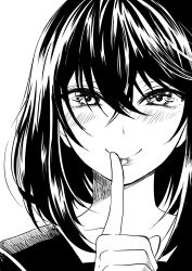 Rule 34 | 1girl, blush, close-up, closed mouth, commentary request, finger to mouth, greyscale, hair between eyes, highres, looking at viewer, monochrome, nikaidou kou, original, portrait, short hair, shushing, simple background, smile, solo, white background