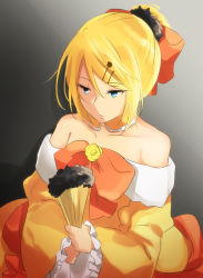 Rule 34 | aku no musume (vocaloid), aqua eyes, bare shoulders, blonde hair, bow, choker, collarbone, dress, evillious nendaiki, hair bow, hair ornament, hairclip, hand fan, highres, holding, holding fan, juliet sleeves, kagamine rin, long sleeves, mipi, puffy sleeves, riliane lucifen d&#039;autriche, serious, sketch, updo, upper body, vocaloid, wide sleeves, yellow dress