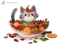 Rule 34 | :3, animal, animal focus, bowl, cat, closed mouth, cryptid creations, food, food focus, fruit, full body, grey fur, in bowl, in container, leaf, leaf on head, looking at viewer, no humans, orange (fruit), orange slice, original, pointy ears, simple background, smile, watermark, web address, whiskers, white background