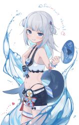 Rule 34 | 1girl, absurdres, bandeau, belt, blue eyes, blue hair, blue shorts, blush, commentary request, cowboy shot, english text, fins, fish tail, flat chest, gawr gura, grey hair, grin, hair ornament, hand fan, hand on own hip, highres, holding, holding fan, hololive, hololive english, hololive summer 2023 swimsuit, looking at viewer, midriff, multicolored hair, navel, shark girl, shark hair ornament, shark tail, short shorts, shorts, smile, solo, streaked hair, tail, thigh belt, thigh strap, two side up, uito yzwa, virtual youtuber, water, white bandeau, white belt, wrist cuffs
