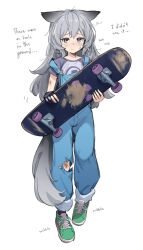 Rule 34 | 1girl, absurdres, animal ears, artist request, black gloves, blue overalls, brown eyes, fankupl, fingerless gloves, fox ears, fox girl, fox tail, full body, gloves, green footwear, grey shirt, highres, injury, jaana kettu, original, overalls, second-party source, shirt, shoes, short sleeves, single glove, skateboard, solo, standing, strap slip, tail, tears, torn clothes, torn overalls